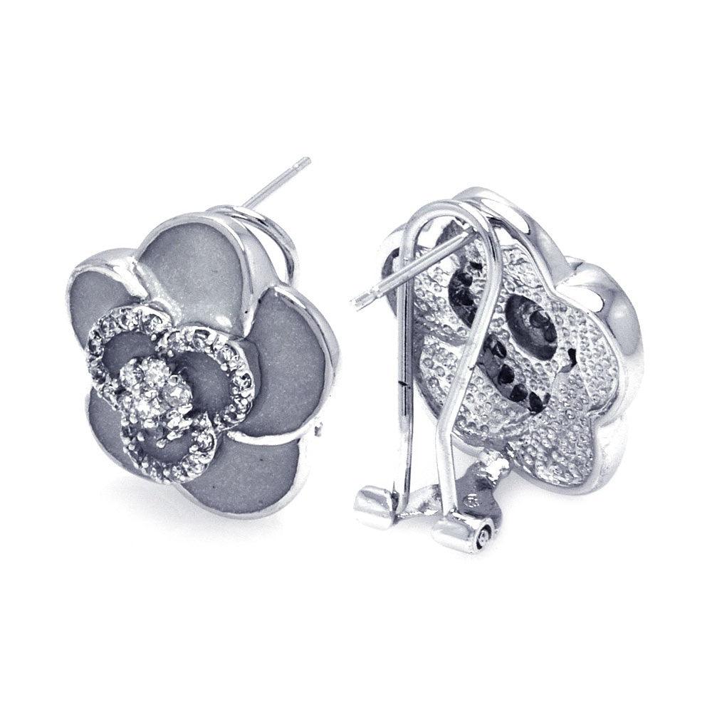 Closeout-Silver 925 Rhodium Plated Flower CZ Stud Earrings - BGE00121