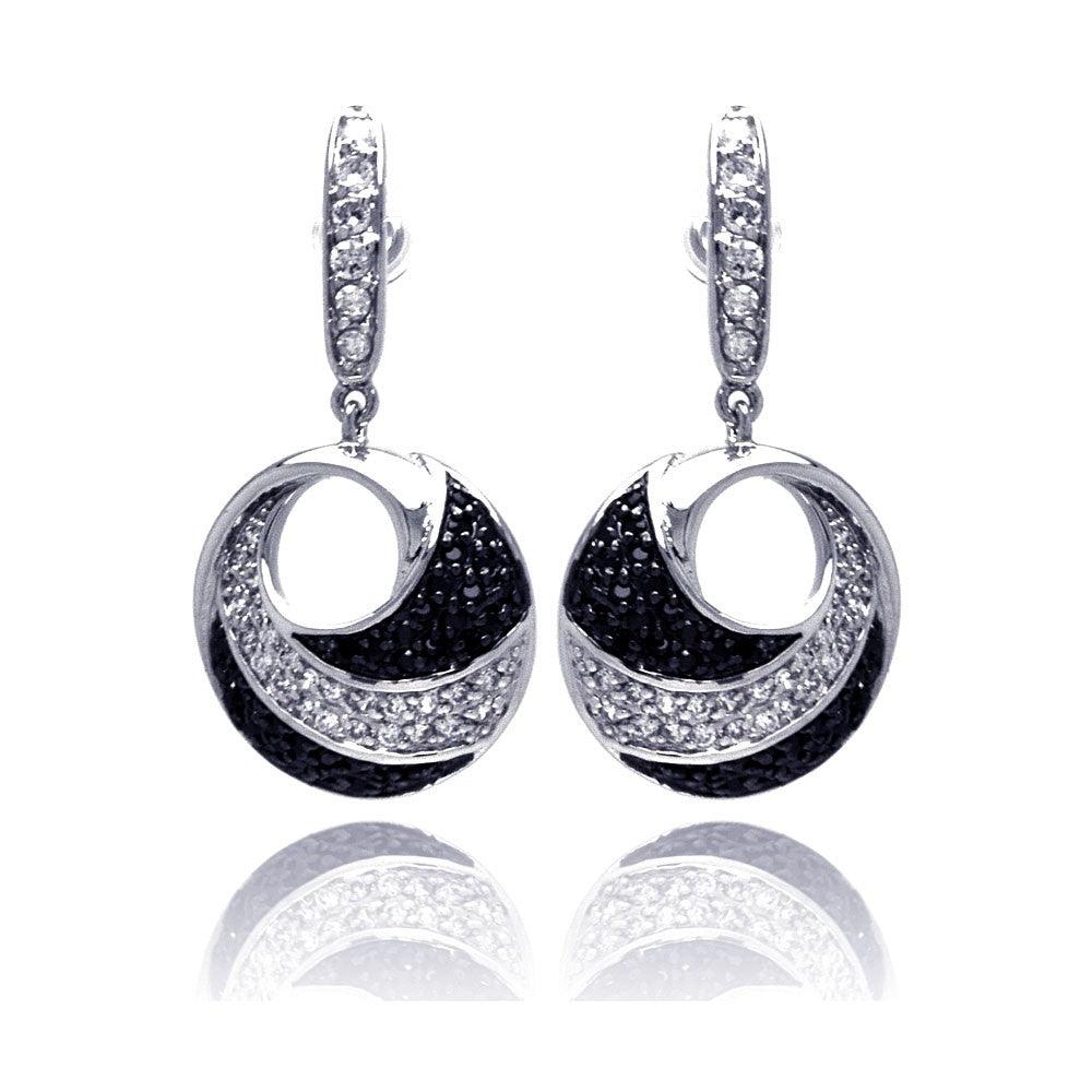 Closeout-Silver 925 Black and Silver Rhodium Plated Open Circle Black and Clear CZ Earrings - BGE00128