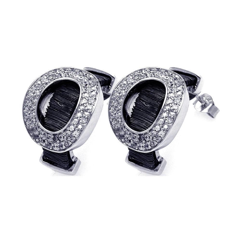 Closeout-Silver 925 Black and Silver Rhodium Plated Oval Letter O CZ Stud Earrings - BGE00134