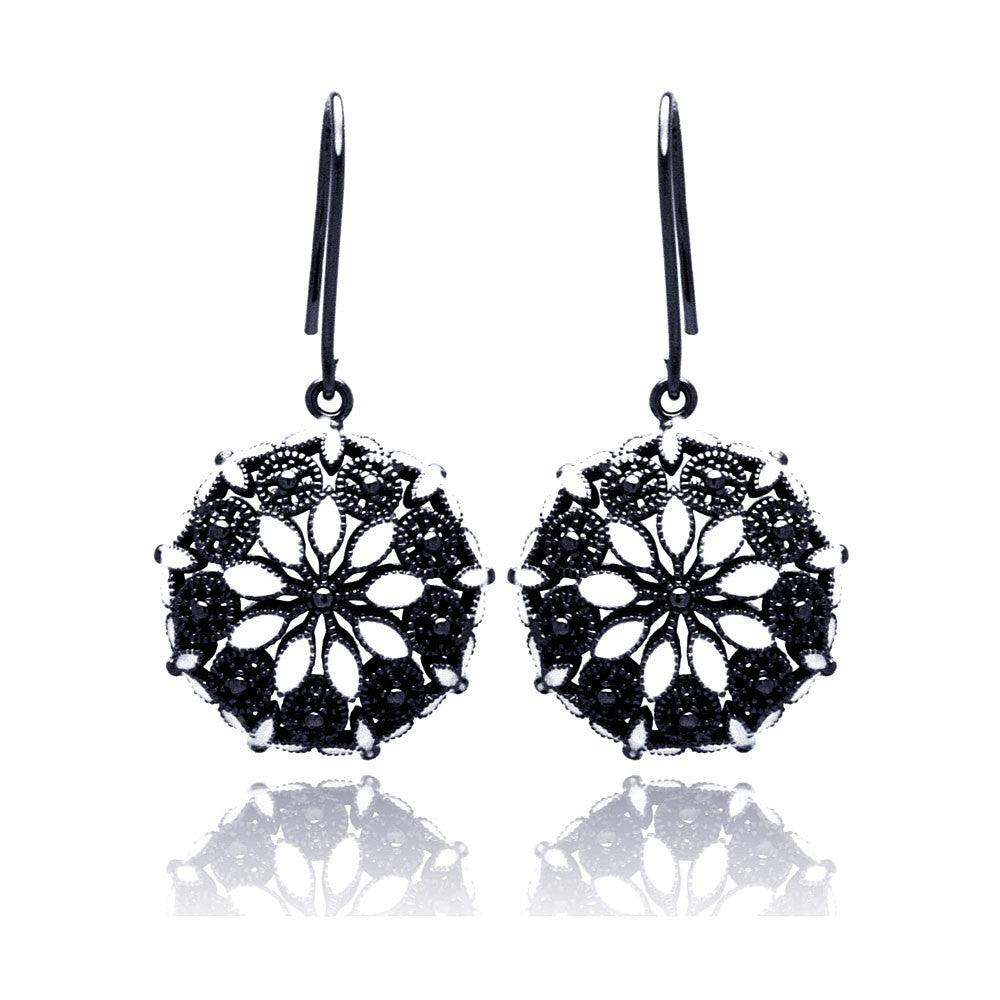 Closeout-Silver 925 Black Rhodium Plated Round Marquis Clear CZ Dangling Hook Earrings - BGE00193