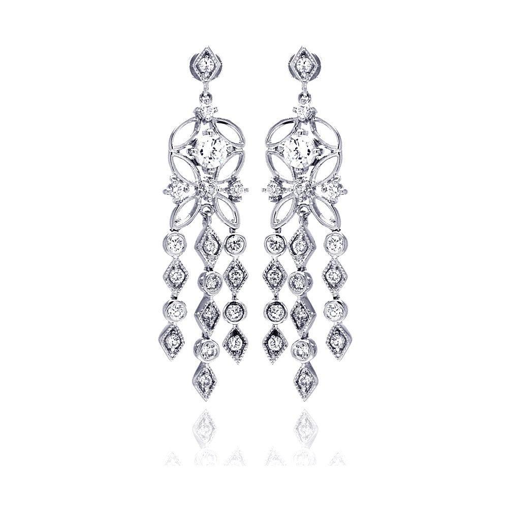 Silver 925 Rhodium Plated Star Round Marquis CZ Three Strand Dangling Stud Chandelier Earrings - BGE00194