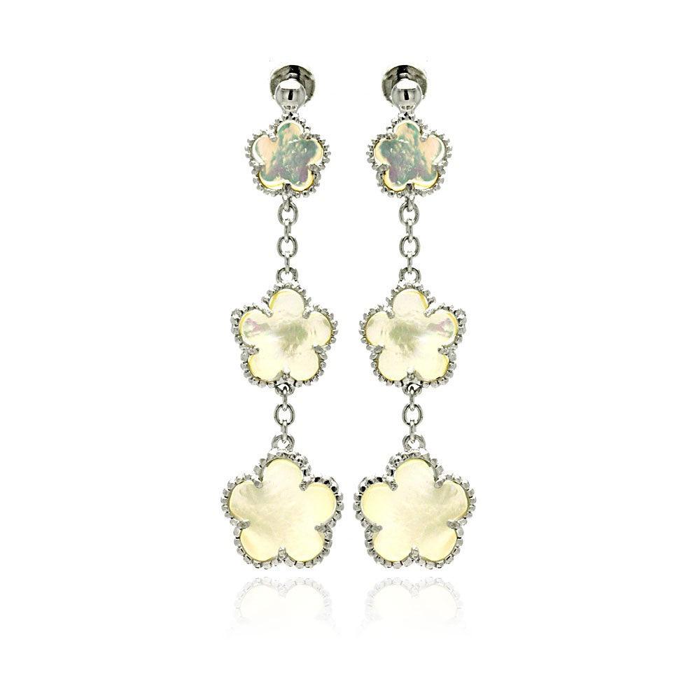 Silver 925 Rhodium Plated Graduated Pearl Flower CZ Wire Dangling Stud Earrings - BGE00196