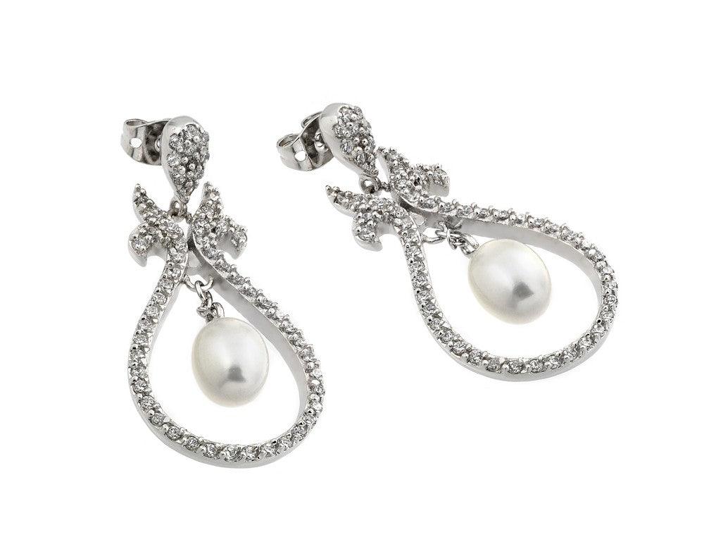 Silver 925 Rhodium Plated Teardrop CZ Fresh Water Pearl Dangling Earrings - BGE00288