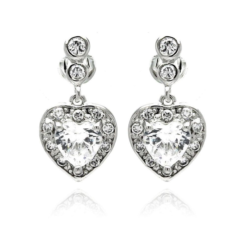 Silver 925 Rhodium Plated Heart CZ Dangling Earrings - BGE00233