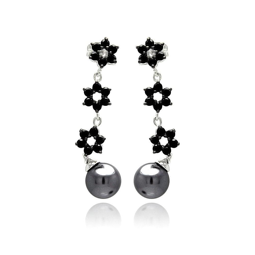 Silver 925 Rhodium Plated Flower Round CZ Black Synthetic Pearl Dangling Stud Earrings - BGE00238