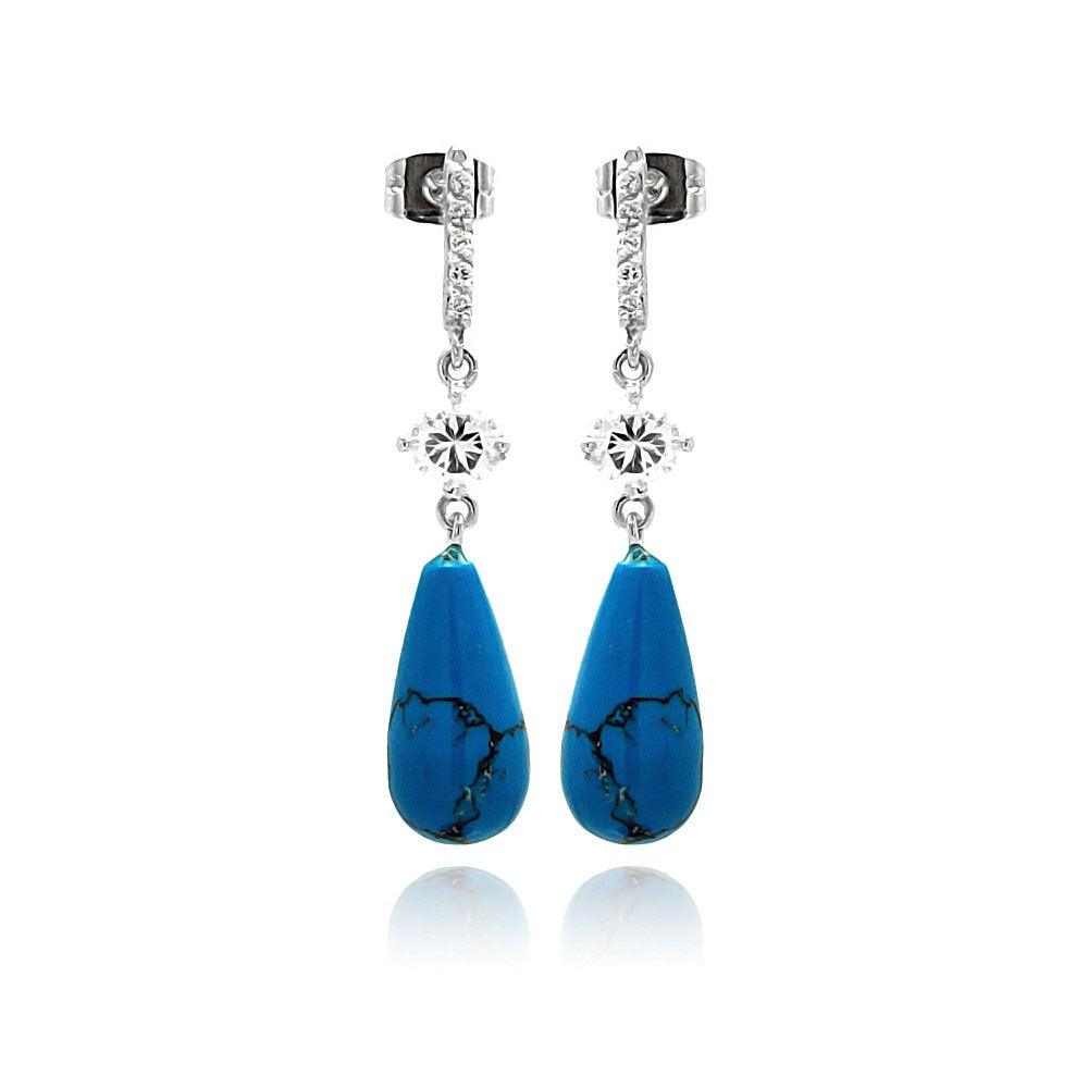 Silver 925 Rhodium Plated Micro Pave CZ Teardrop Turquoise Dangling Stud Earrings - BGE00258