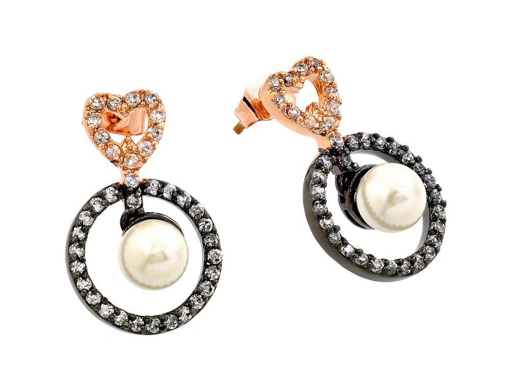 Closeout-Silver 925 Rose Gold and Black Rhodium Plated Heart CZ Dangling Pearl Earrings - BGE00286