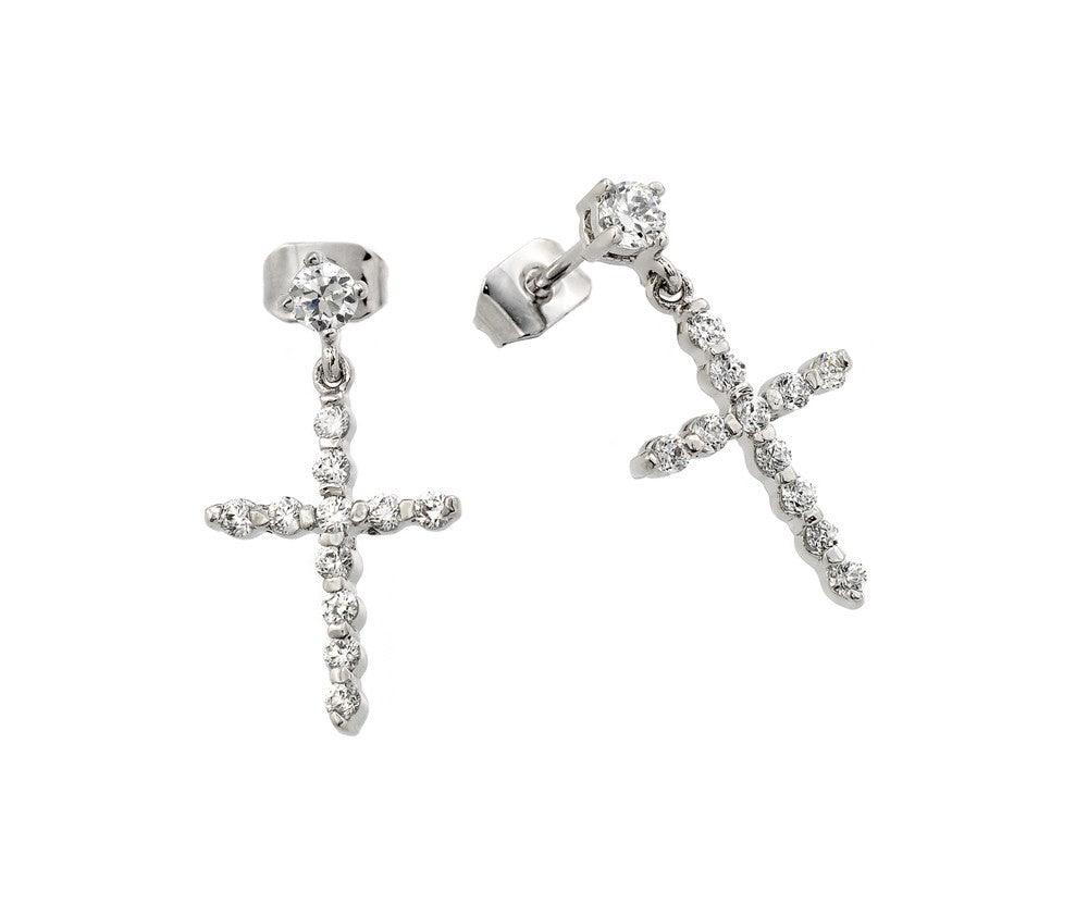 Silver 925 Rhodium Plated Cross CZ Dangling Earrings - BGE00290