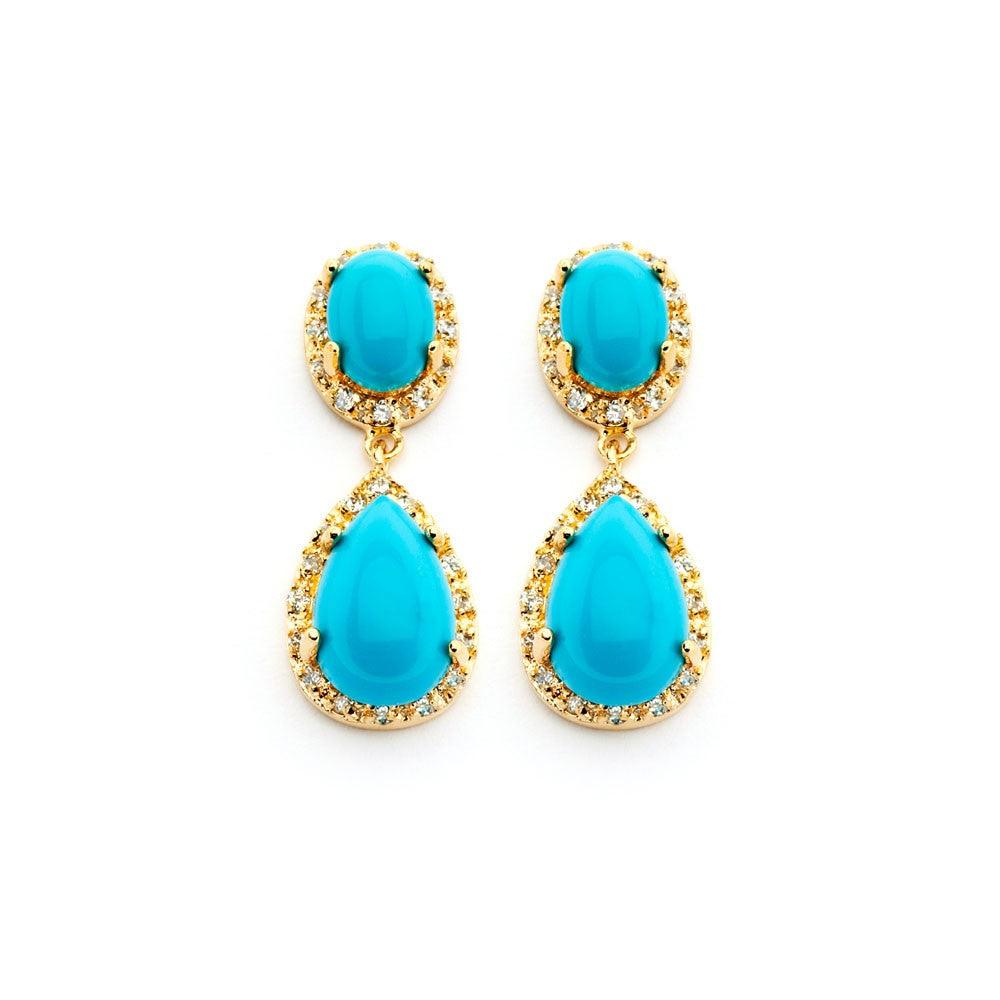 Silver 925 Gold Rhodium Plated Round CZ Turquoise Teardrop Round Dangling Earrings - BGE00351