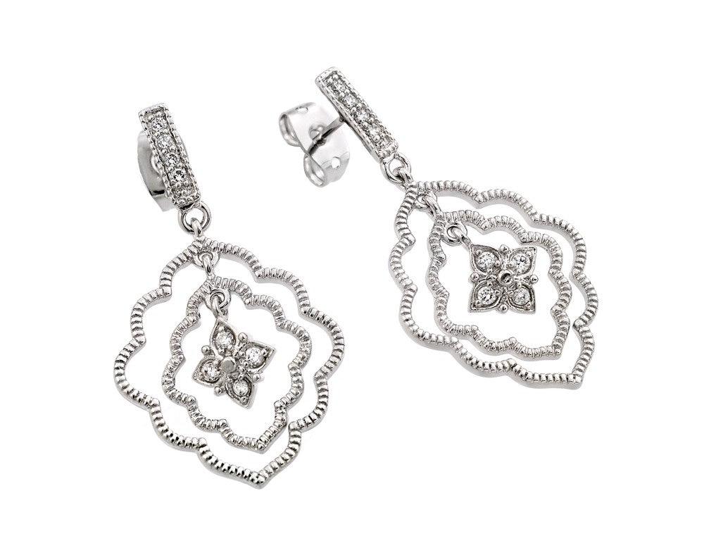 Silver 925 Rhodium Plated Channel Curvy Marquis Flower CZ Dangling Earrings - BGE00355