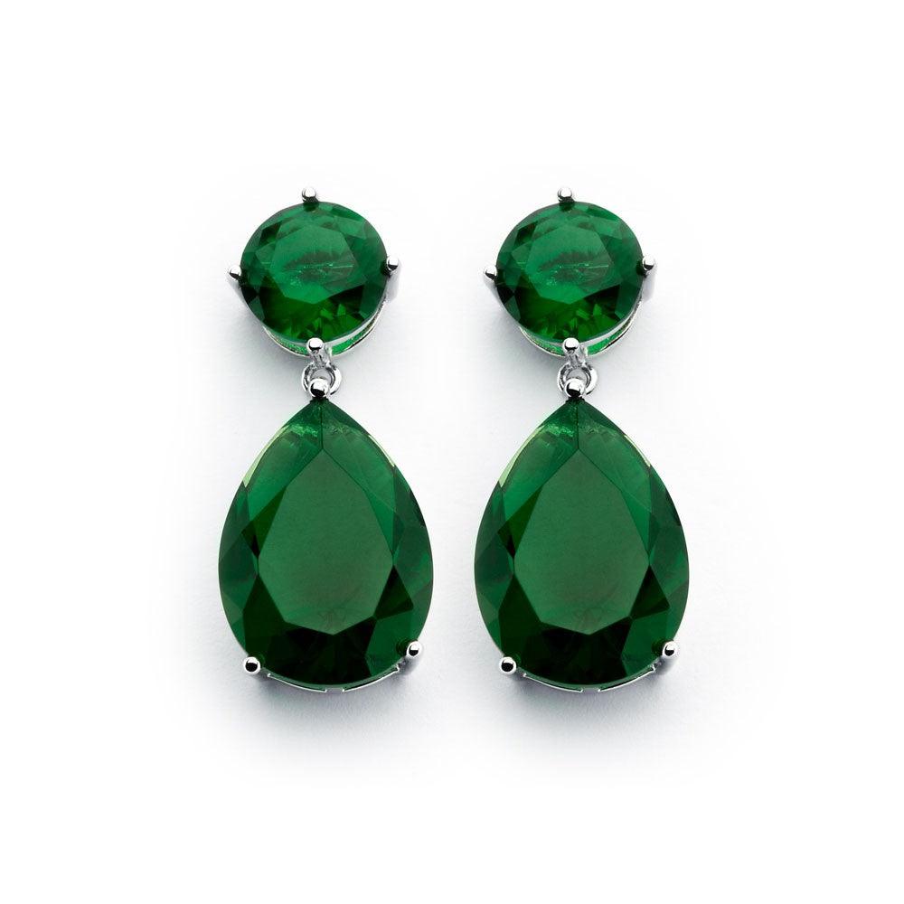 Silver 925 Rhodium Plated Round Teardrop Green CZ Dangling Earrings - BGE00858GRN