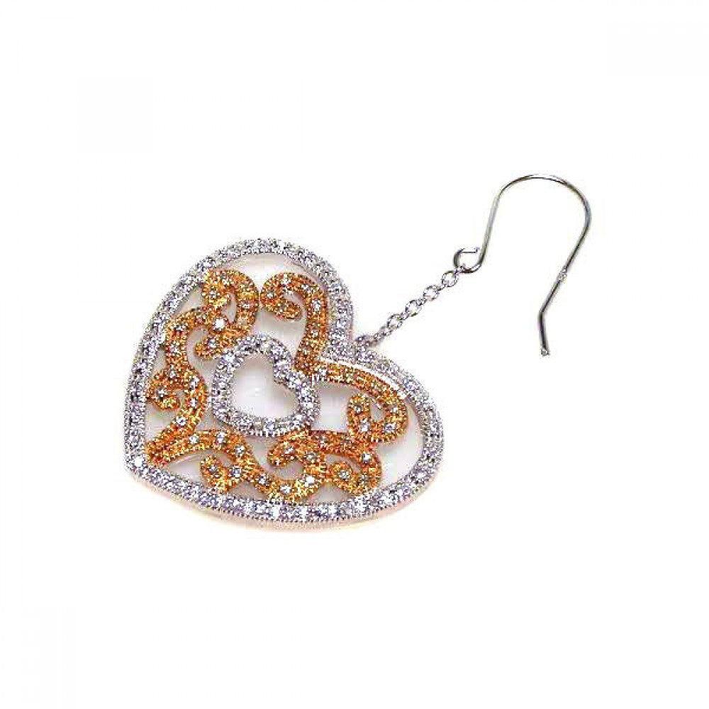 Closeout-Silver 925 Rhodium Plated Clear Heart and Yellow Filigree CZ Wire Dangling Hook Earrings - STE00106