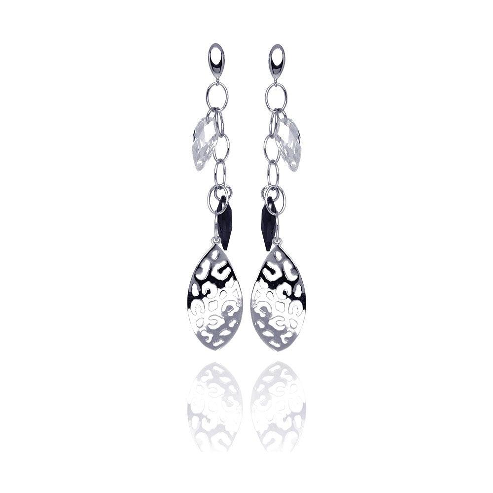 Closeout-Silver 925 Rhodium Plated Black and Clear Marquise CZ Flat Filigree Wire Dangling Stud Earrings - STE00290BLK