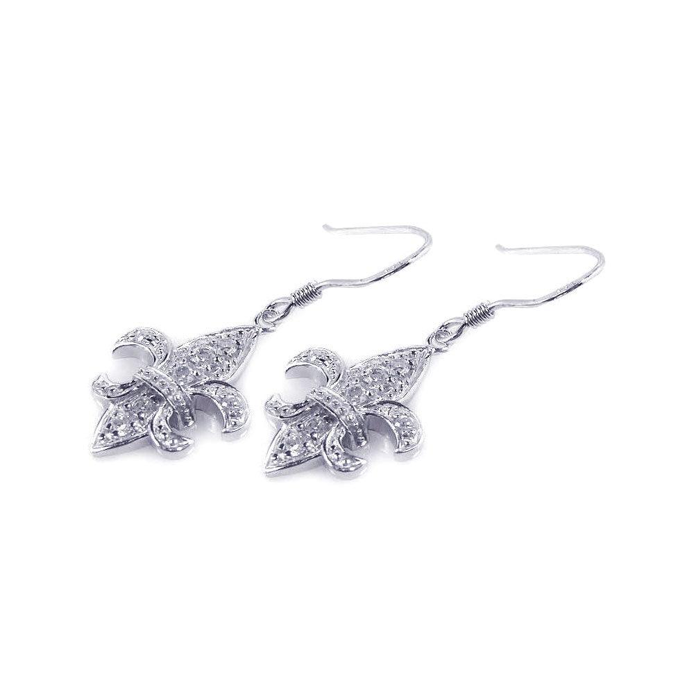 Silver 925 Rhodium Plated Fleur De Lis CZ Hook Dangling Earrings - STE00528