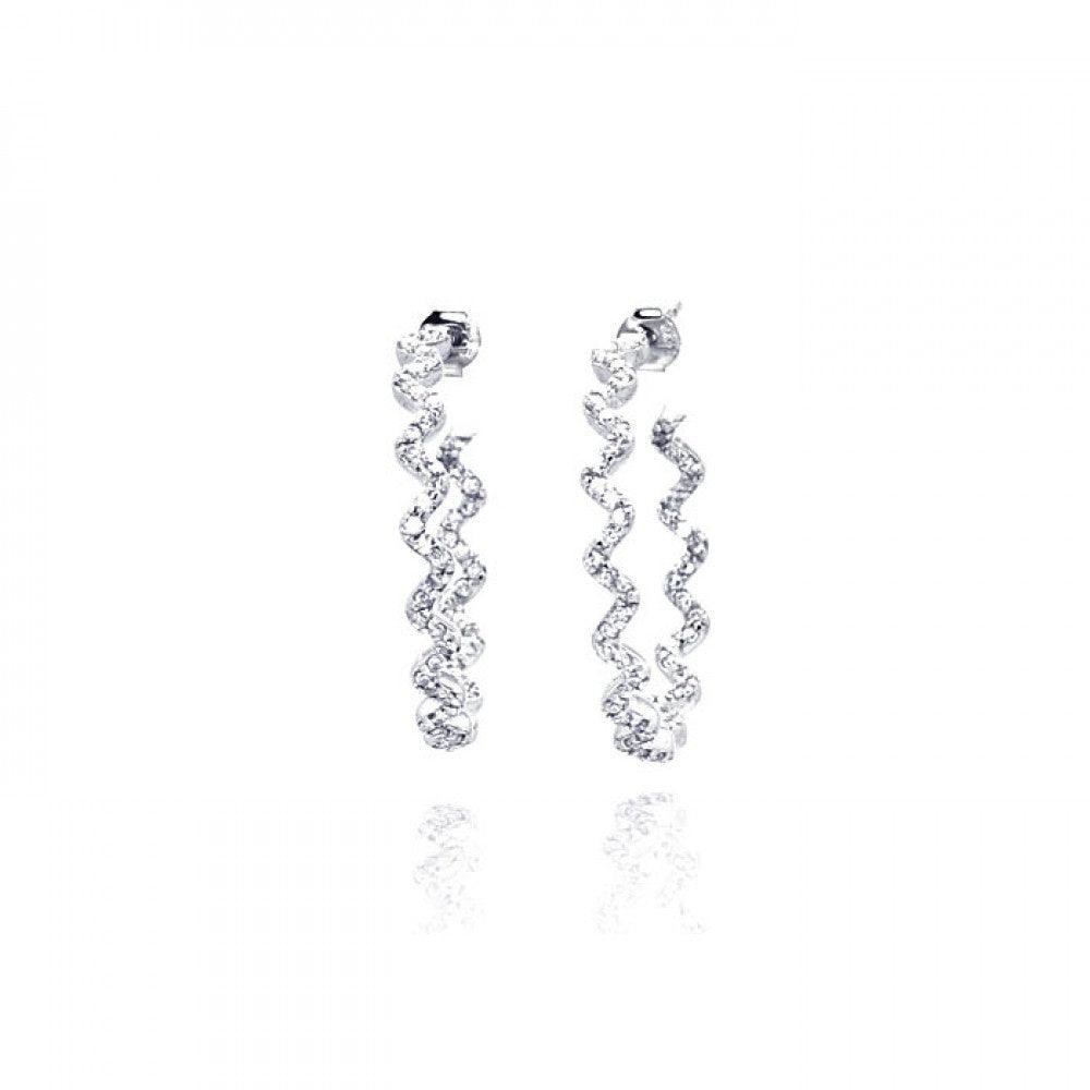 Rhodium Plated 925 Sterling Silver Zigzag CZ Hoop Earring - STE00533