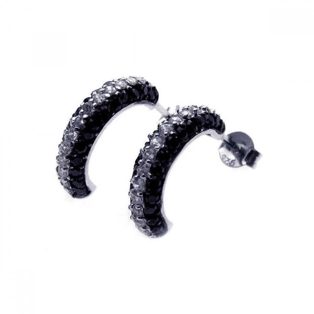 Silver 925 Black and Silver Rhodium Plated Crescent CZ Semi-huggie hoop Earrings - STE00584