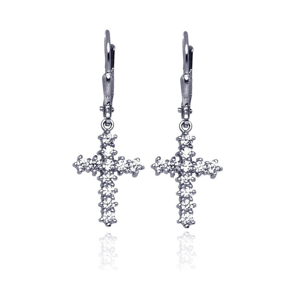 Silver 925 Rhodium Plated Cross CZ Dangling huggie hoop Earrings - STE00635