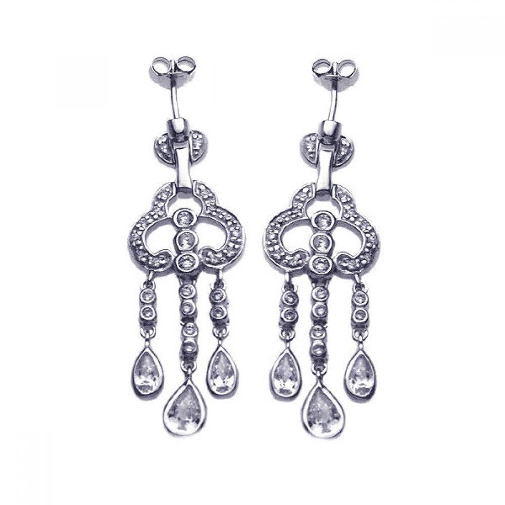 Closeout-Silver 925 Rhodium Plated Round Teardrop CZ Clover Jellyfish Dangling Post Earrings - STE00652