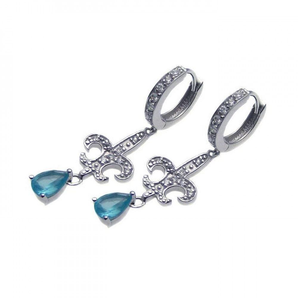 Silver 925 Rhodium Plated Blue Teardrop CZ Fleur De Lis Dangling huggie hoop Earrings - STE00654
