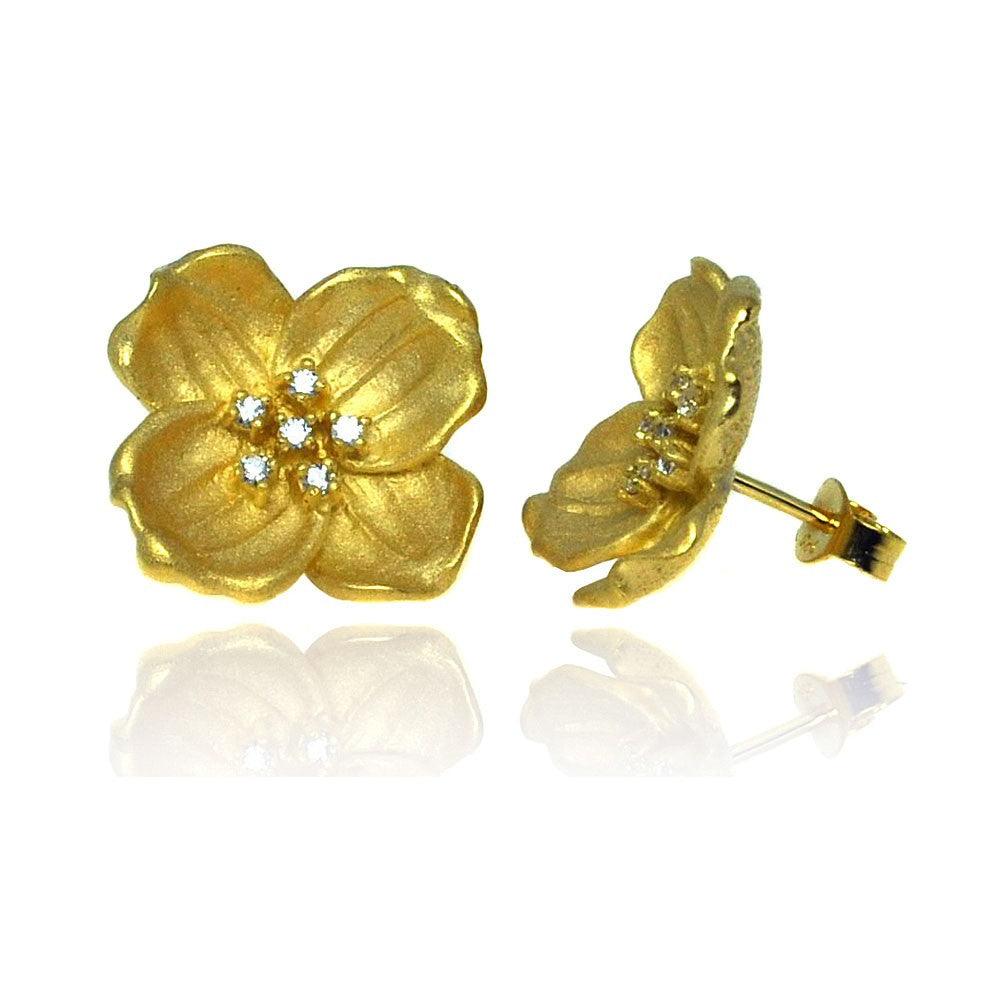 Silver 925 Gold Rhodium Plated Flower Five Clear CZ Stud Earrings - STE00658