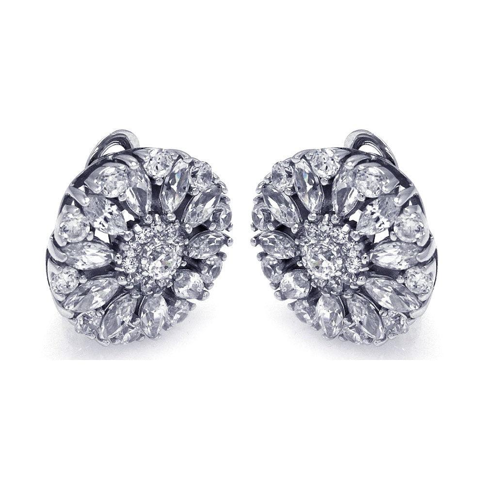 Silver 925 Rhodium Plated Round Flower Clear CZ Stud Earrings - STE00725