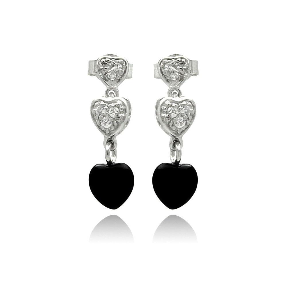 Silver 925 Rhodium Plated Graduated Heart Round Clear CZ Black Onyx Dangling Stud Earrings - STE00771