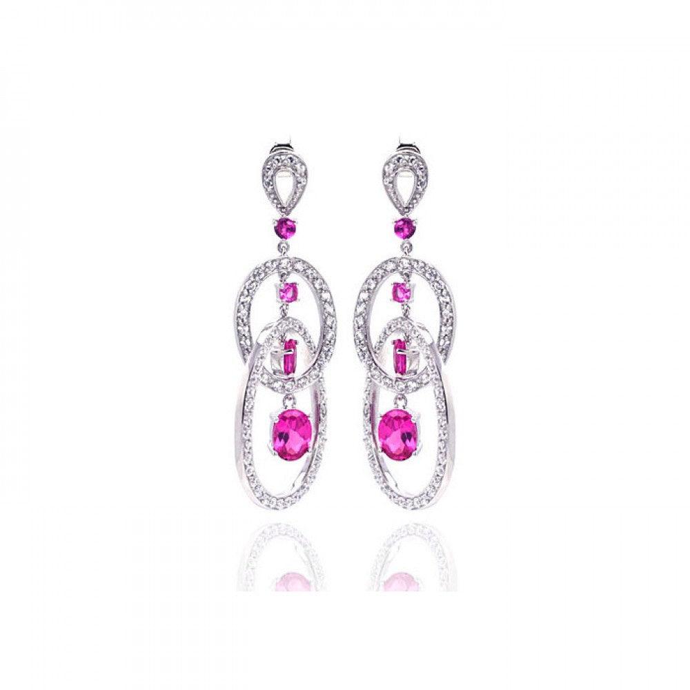 Closeout-Silver 925 Rhodium Plated Pink Multiple Circle Oval Baguette Round CZ Chandelier Dangling Stud Earrings - STE00937