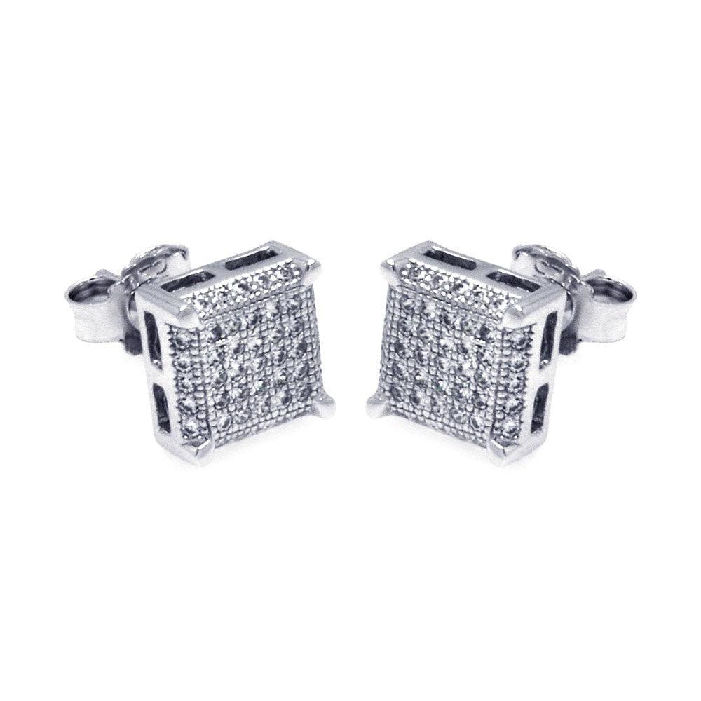 Silver 925 Rhodium Plated Micro Pave Clear Square CZ Stud Earrings - ACE00045