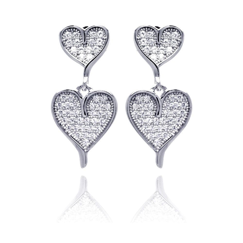 Silver 925 Rhodium Plated Micro Pave Clear Graduated Heart CZ Dangling Earrings - ACE00052