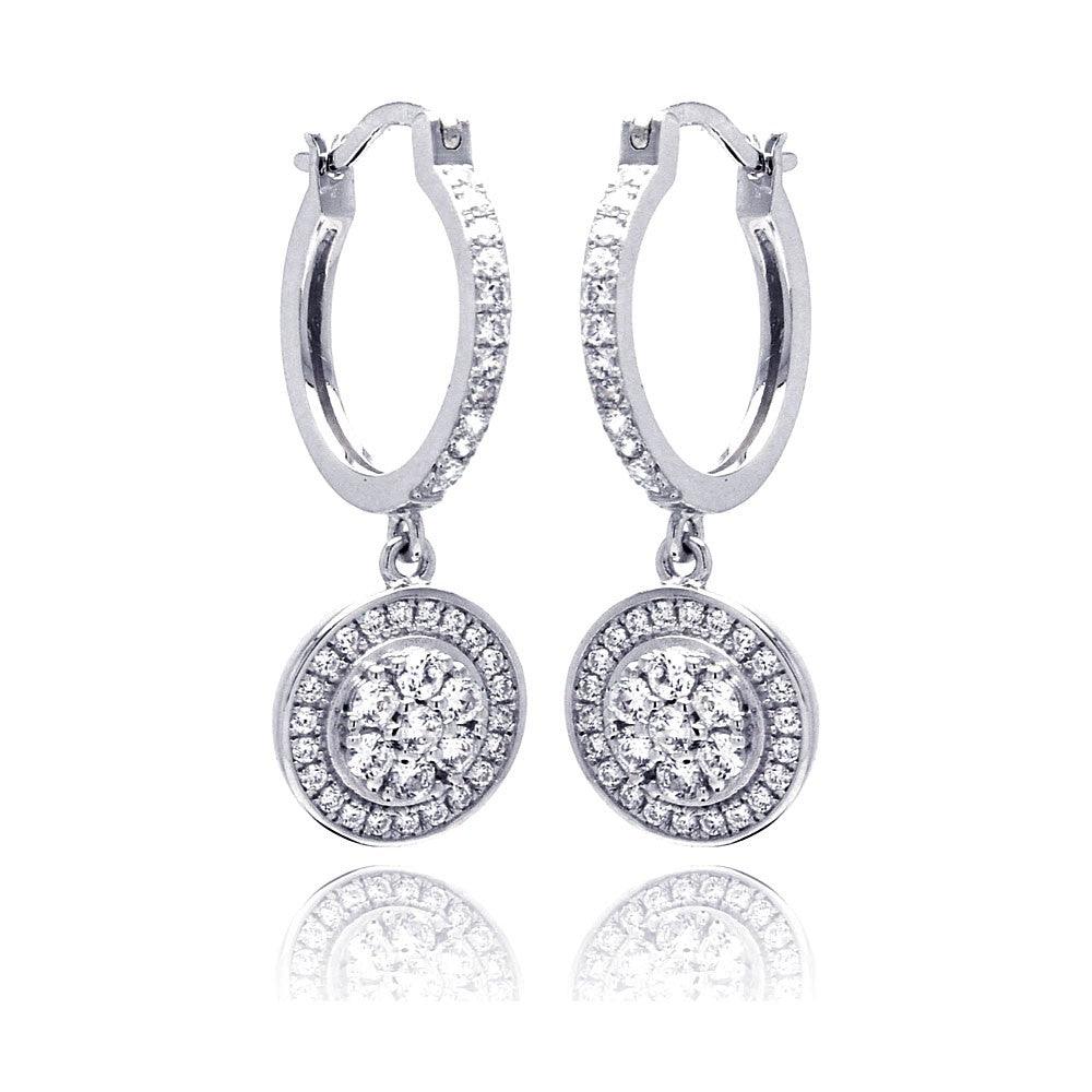 Silver 925 Rhodium Plated Micro Pave Clear Round CZ Wire Dangling huggie hoop Earrings - ACE00059