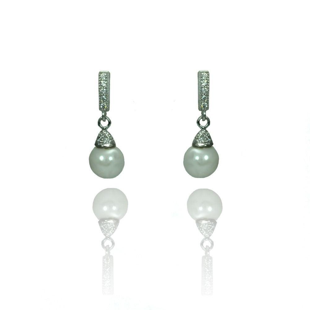 Silver 925 Rhodium Plated Round Clear CZ Synthetic Pearl Dangling Stud Earrings - STE00902