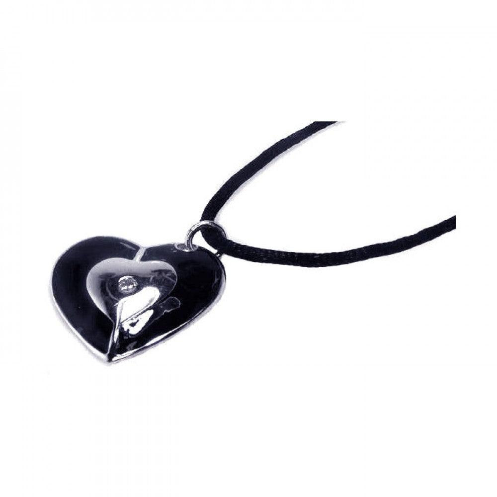 Silver 925 Rhodium Plated Black Enamel Heart Clear CZ Black Cord Pendant Necklace - BGN00002