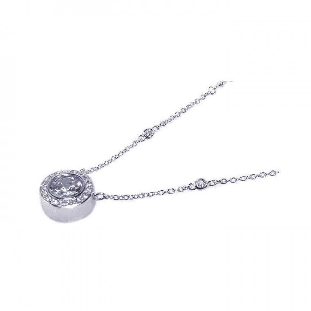 Silver 925 Rhodium Plated Circle Clear CZ Pendant Necklace - BGN00006