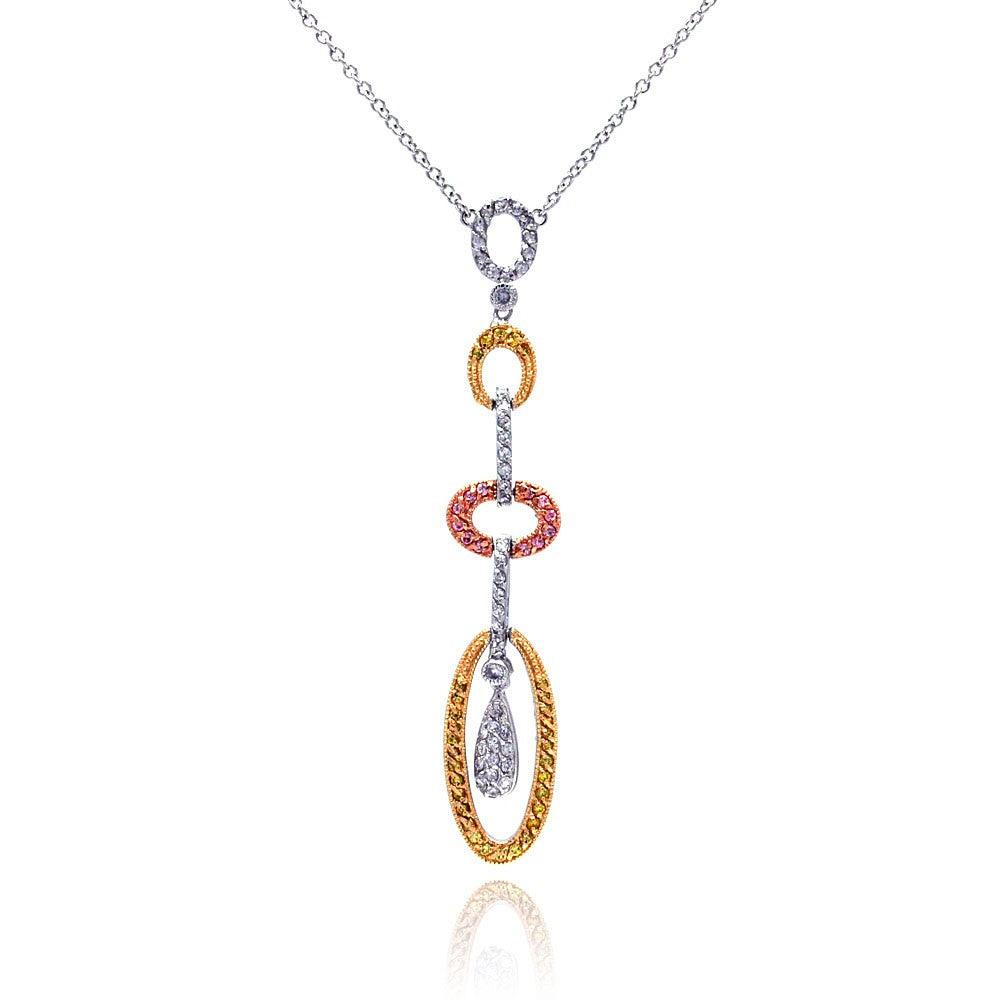 Silver 925 Rhodium, Gold, and Rose Gold Plated Multi Open Oval Multi Colored CZ Pendant Necklace - BGN00010