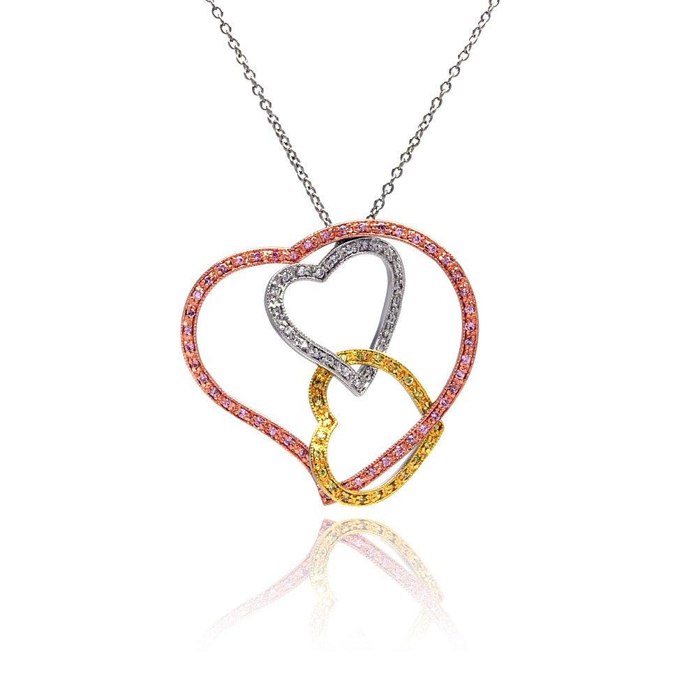 Closeout-Silver 925 3 Toned Open Layered Heart Multi Colored CZ Pendant Necklace - BGN00011