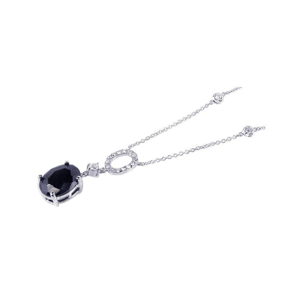 Closeout-Silver 925 Rhodium Plated Black Oval and Clear CZ Drop Pendant Necklace - BGN00022