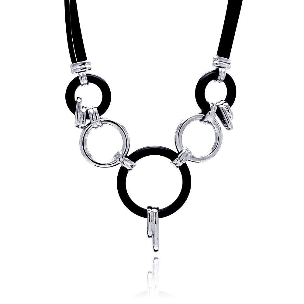 Closeout-Silver 925 Rhodium Plated Black Rubber Open Multi Circle Black Cord Pendant Necklace - BGN00026