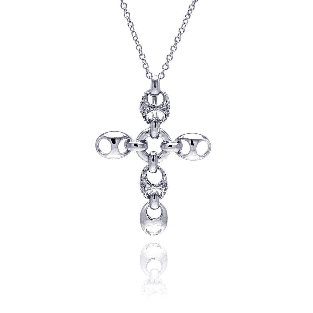 Closeout-Silver 925 Rhodium Plated Open Oval Clear CZ Cross Pendant Necklace - BGN00027