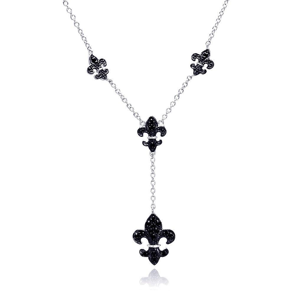 Silver 925 Rhodium and Black Rhodium Plated Black CZ Fleur De Lis Pendant Necklace - BGN00041