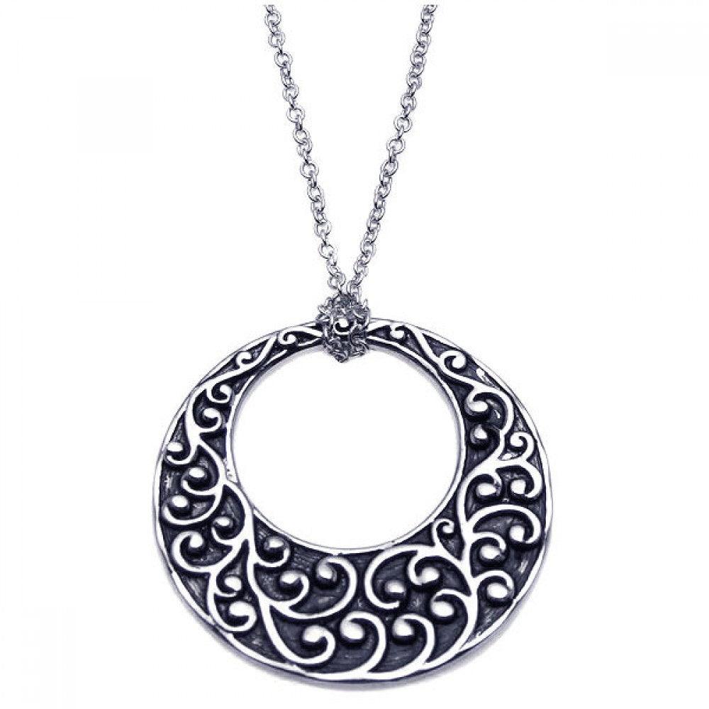 Closeout-Silver 925 Rhodium Plated Open Circle Flower Design Pendant Necklace - BGN00048