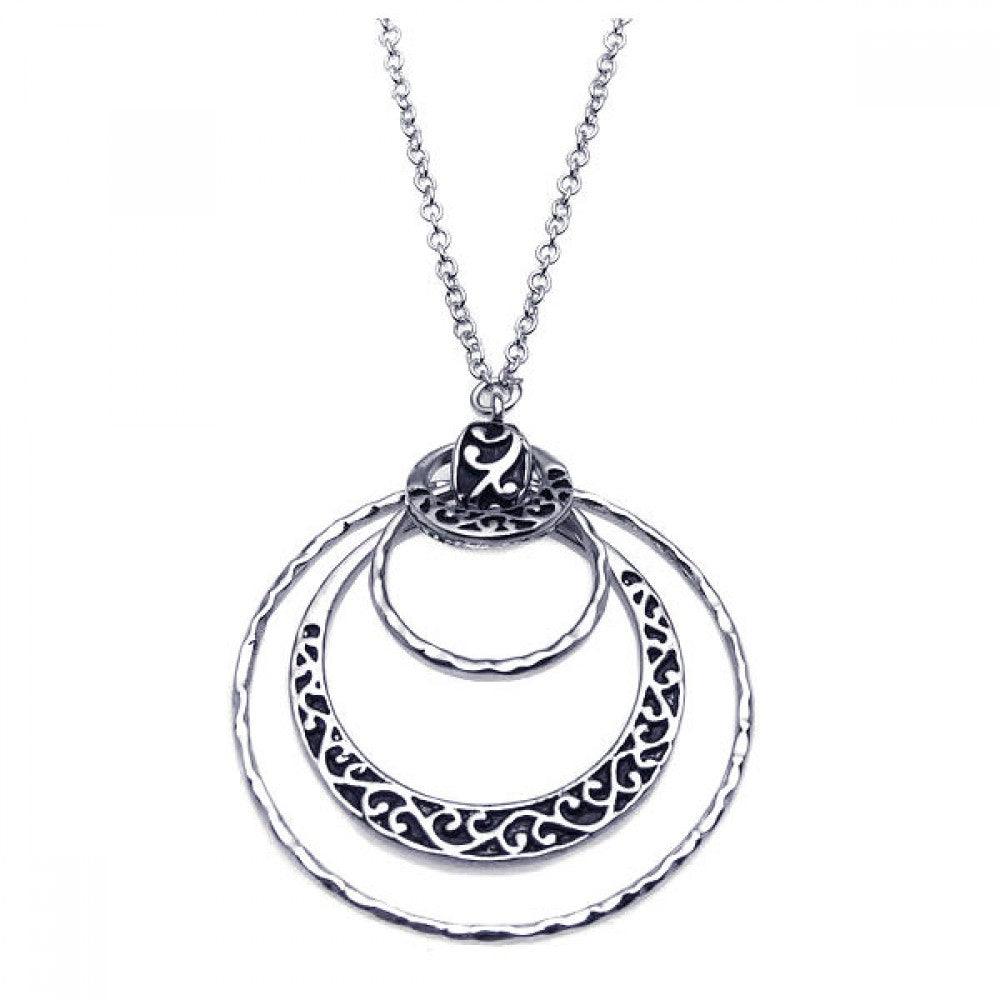 Closeout-Silver 925 Rhodium Plated Multi Open Circle Flower Design Pendant Necklace - BGN00049