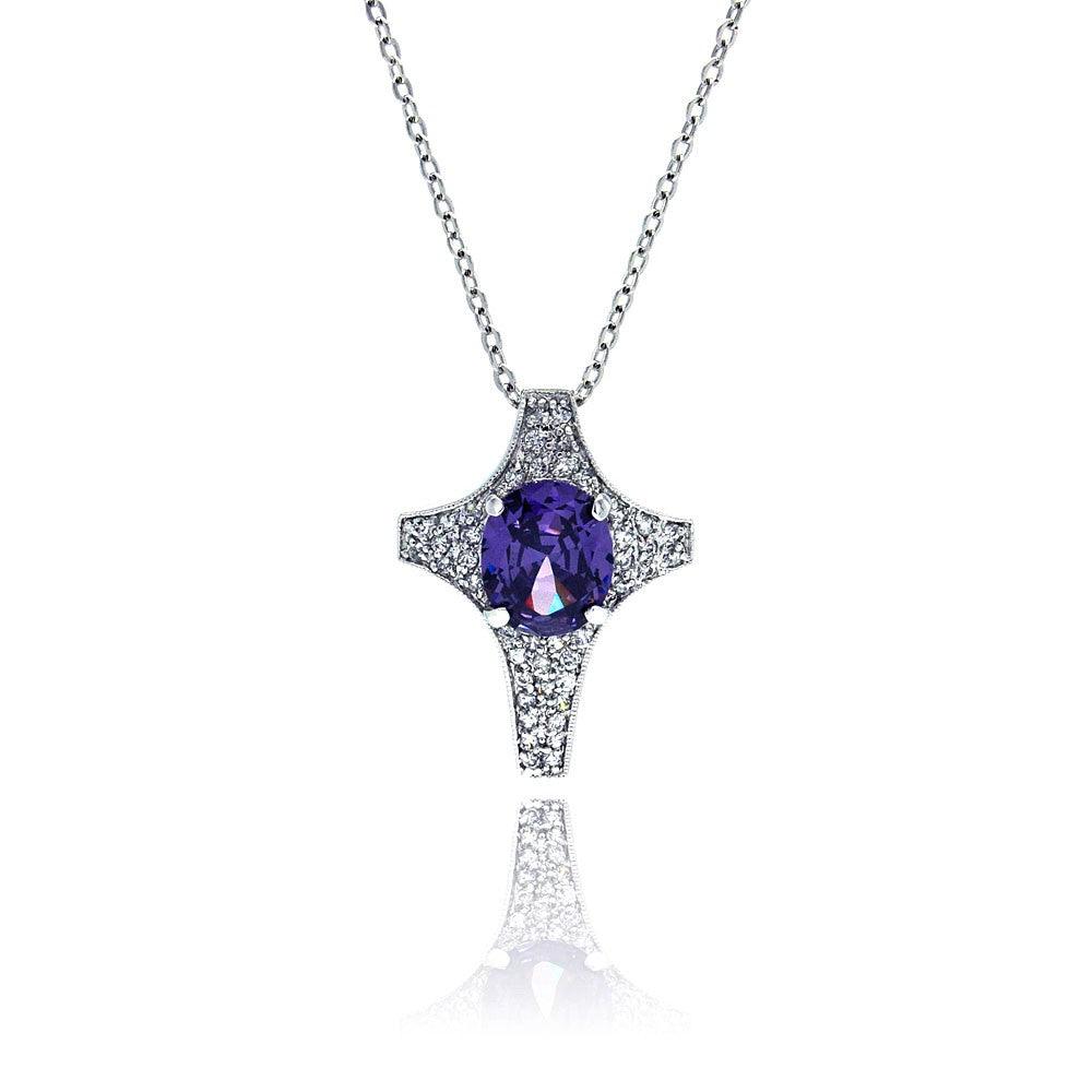 Closeout-Silver 925 Tanzanite CZ Rhodium Plated Cross Pendant Necklace - BGP00009PUR