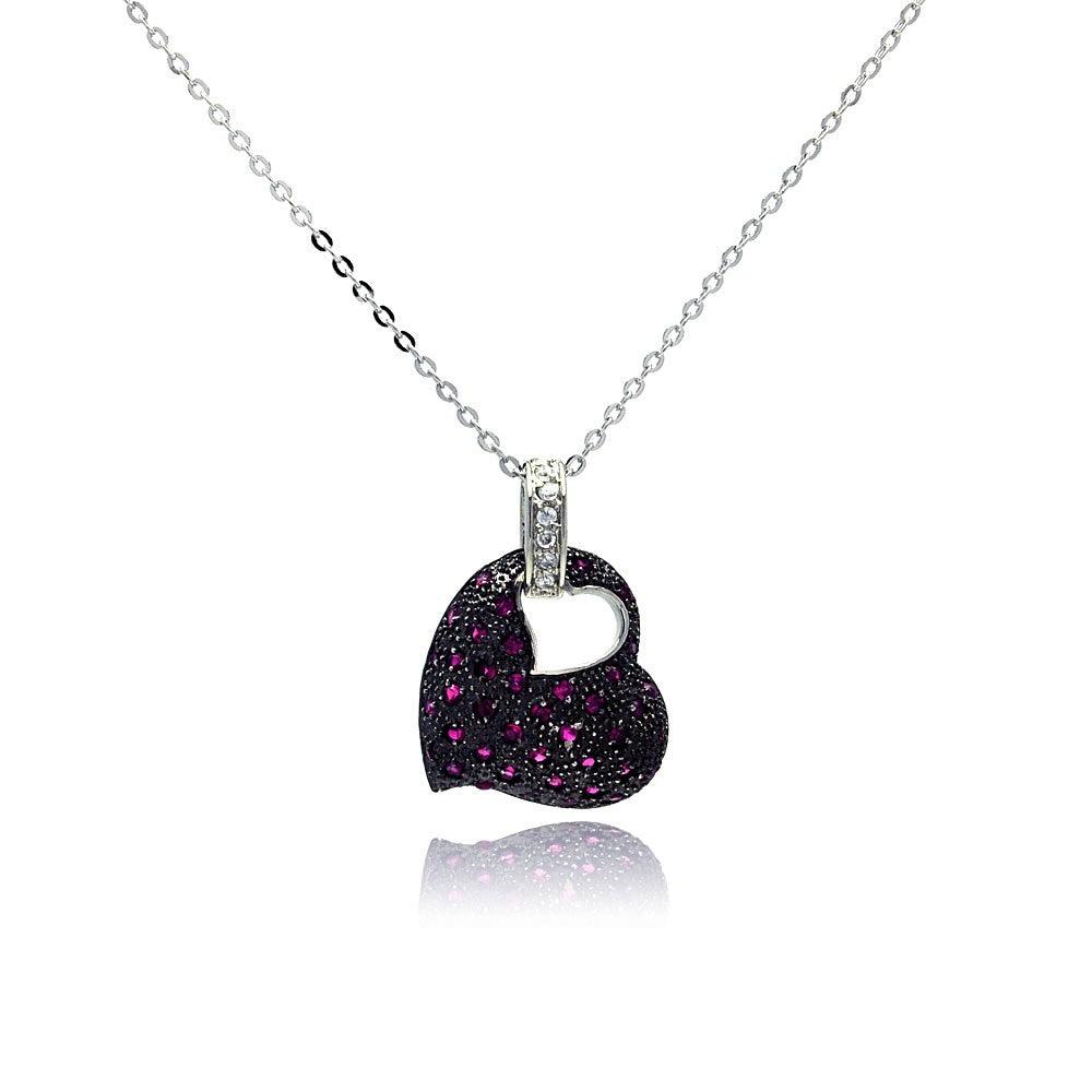 Closeout-Silver 925 Purple CZ Black Rhodium Plated Heart Pendant Necklace - BGP00018