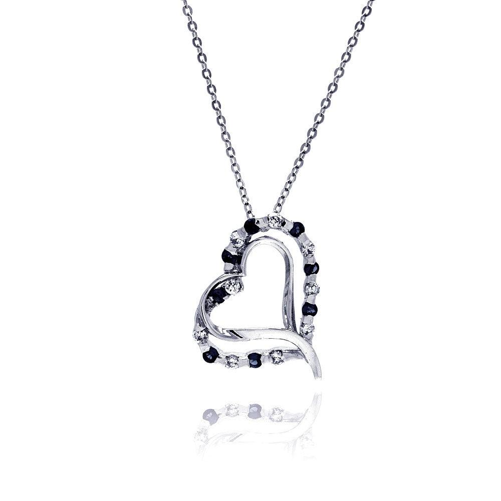 Silver 925 Black and Clear CZ Rhodium Plated Double Heart Pendant Necklace - BGP00020