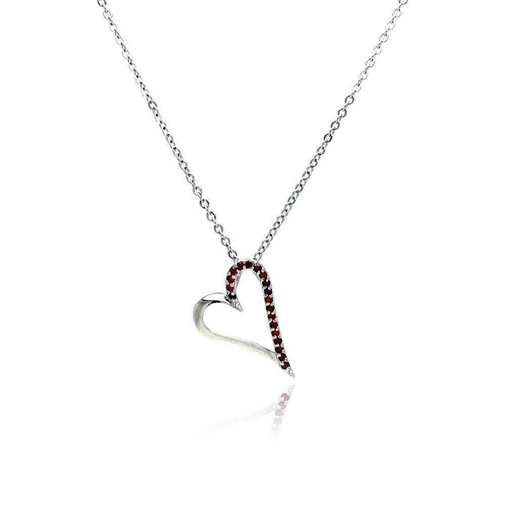 Silver 925 Red CZ Rhodium Plated Heart Pendant Necklace - BGP00023