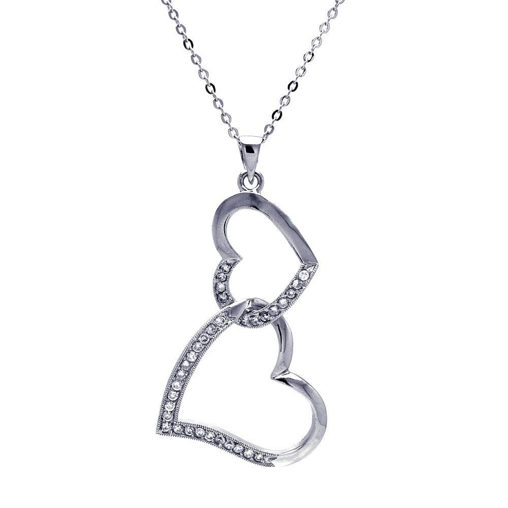 Silver 925 Clear CZ Rhodium Plated Double Heart Pendant Necklace - BGP00025