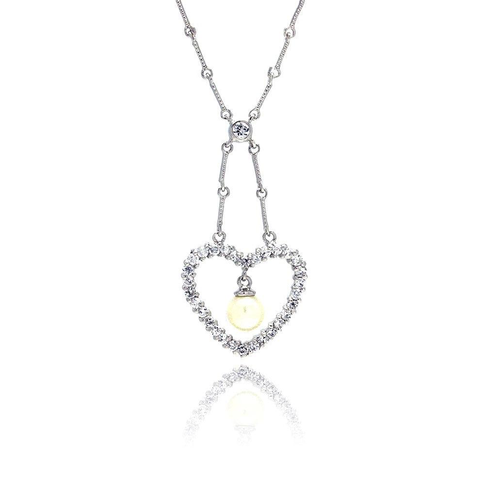 Closeout-Silver 925 Clear CZ Rhodium Plated Pearl Heart Pendant Necklace - BGP00026