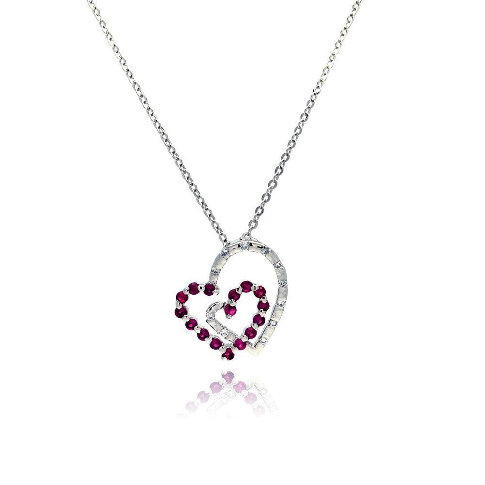 Closeout - Silver 925 Red CZ Rhodium Plated Double Heart Pendant Necklace - BGP00028