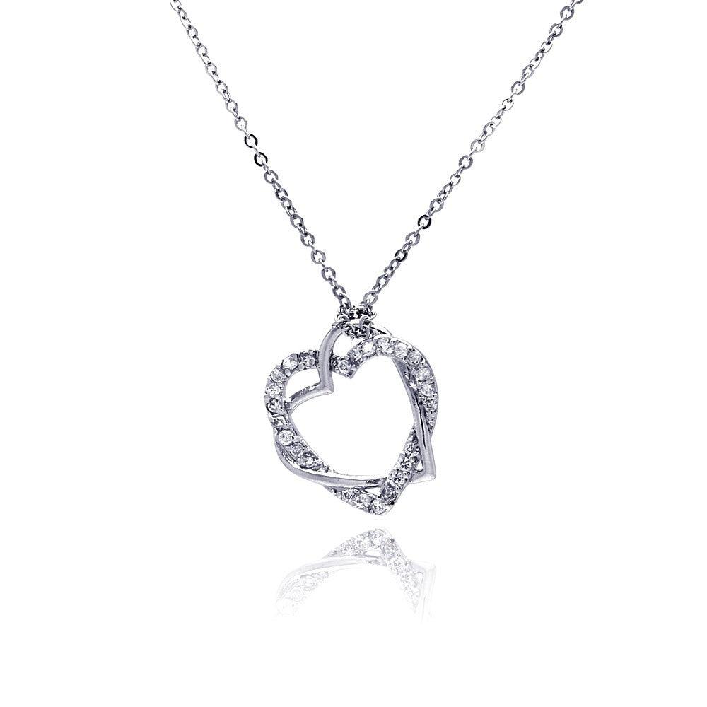 Closeout-Silver 925 Clear CZ Rhodium Plated Braided Heart Pendant Necklace - BGP00029