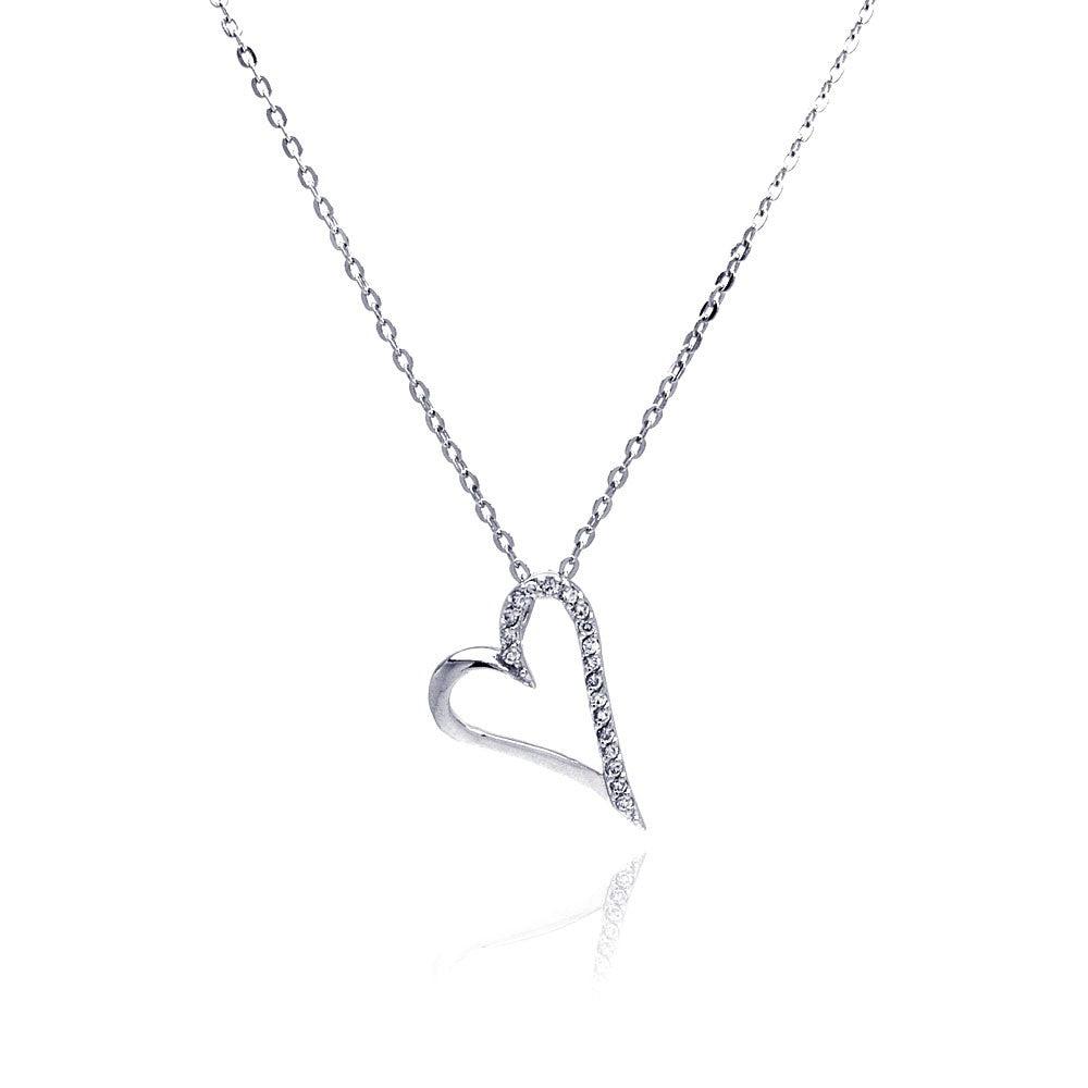 Silver 925 Clear CZ Rhodium Plated Open Heart Pendant Necklace - BGP00033